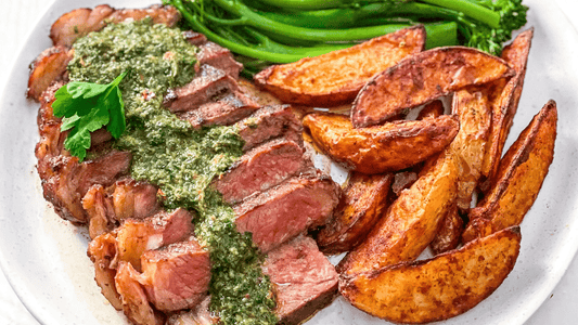 delicious Grilled Steak with Spiced Wedges, Broccolini and Chimichurri Sauce