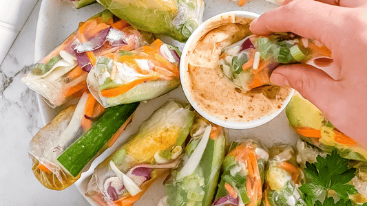 image of homemade rice paper rolls recipe using just flavour oriental seasoning and chicken filled with fresh salad ingredients served with spicy peri peri aioli great for lunch or snacks for the summer 