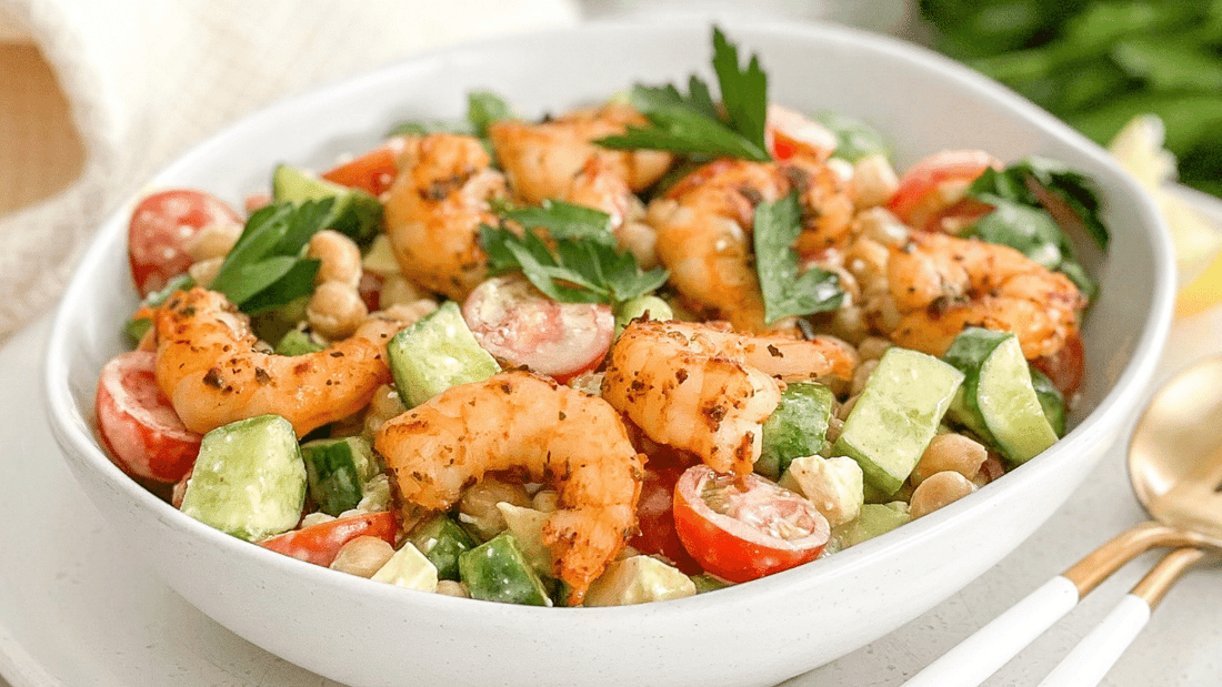 prawn chickpea salad with creamy moroccan tahini dressing recipe using just flavour healthy natural moroccan and italian seasonings